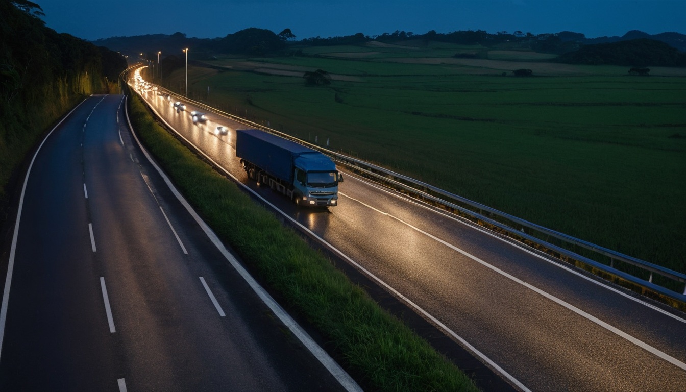 Caminhão em rodovia brasileira ao anoitecer, faróis acesos